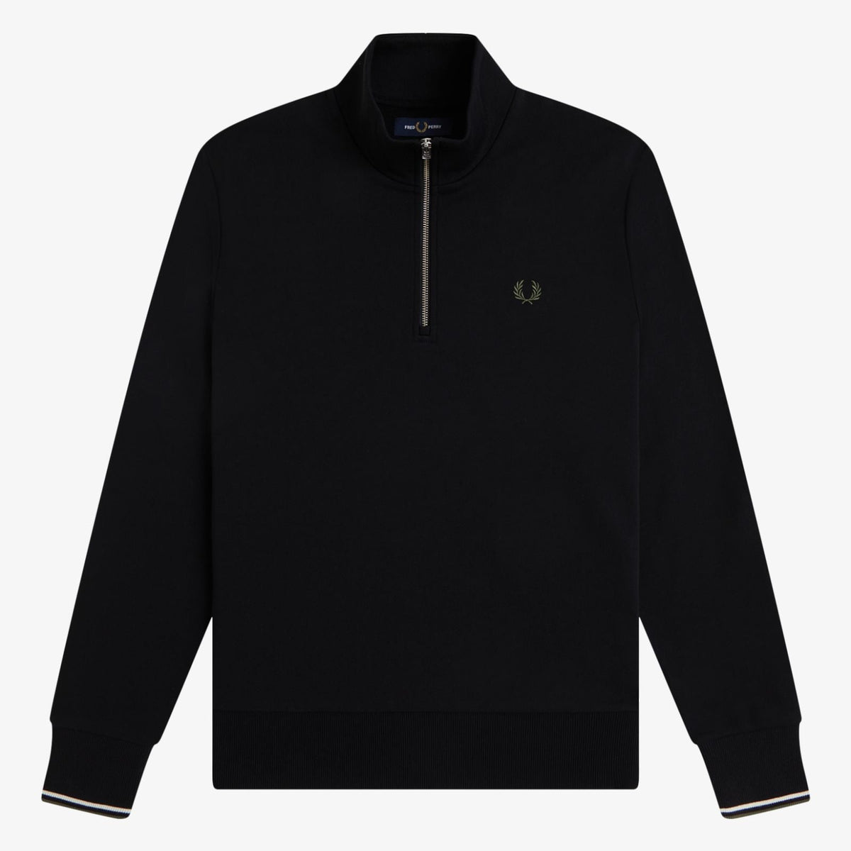 Fred Perry Half Zip Sweatshirt - Black / Ecru / Laurel Wreath Green