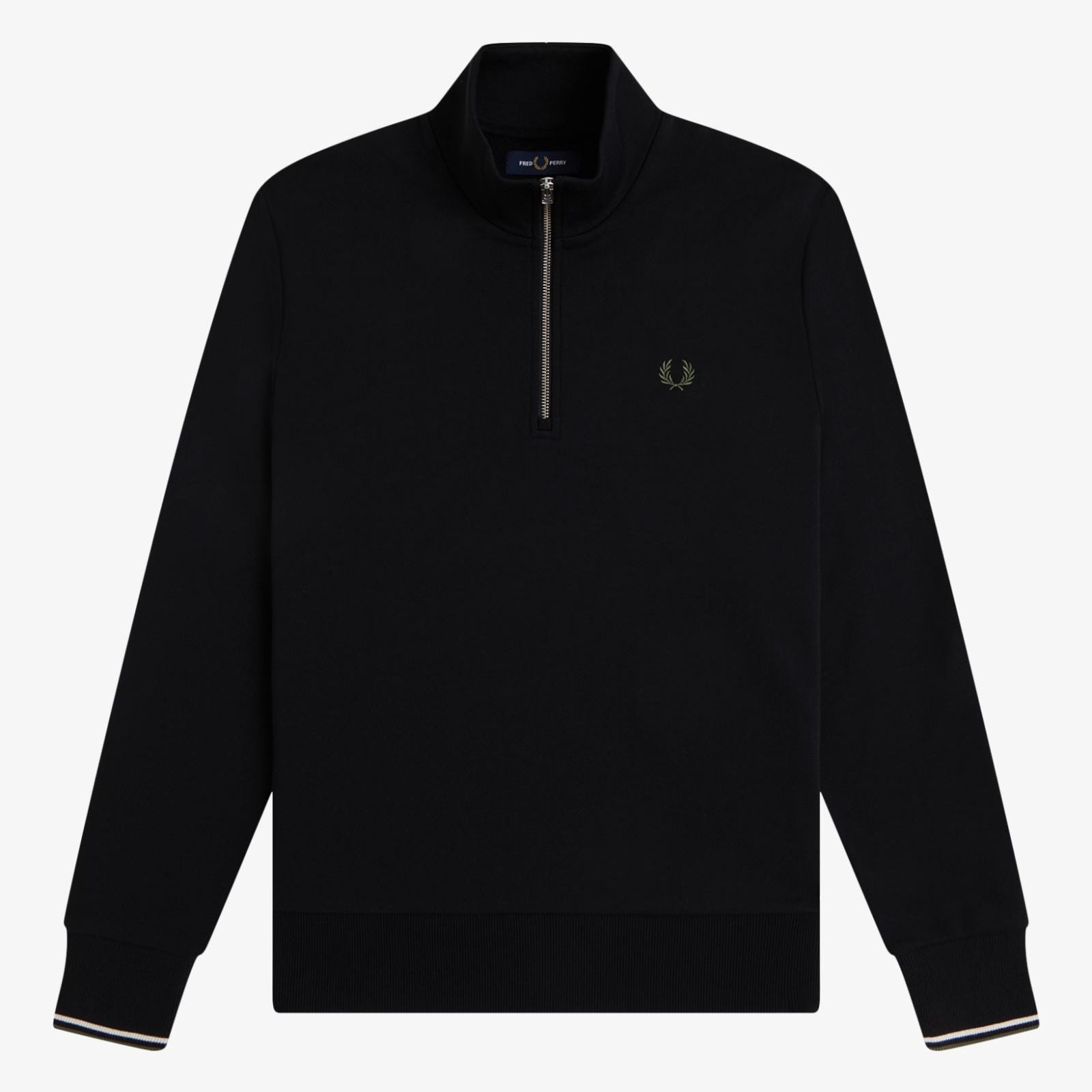 Fred Perry Half Zip Sweatshirt - Black / Ecru / Laurel Wreath Green