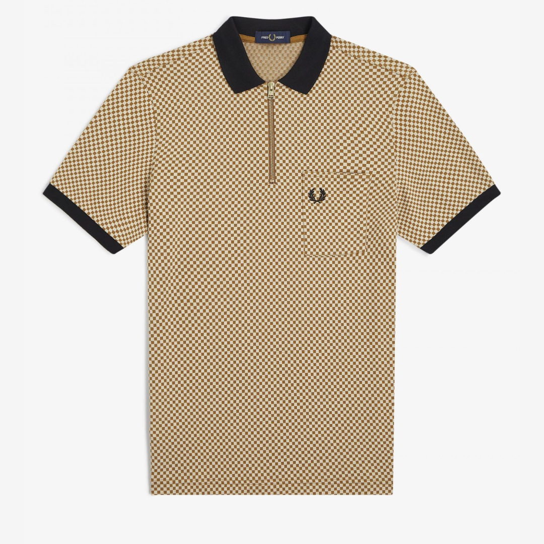 Fred Perry Micro Chequerboard Polo Shirt - Oatmeal / Dark Caramel