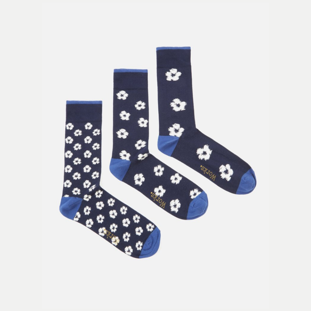 Universal Works 3 Pack Flower Sock Navy