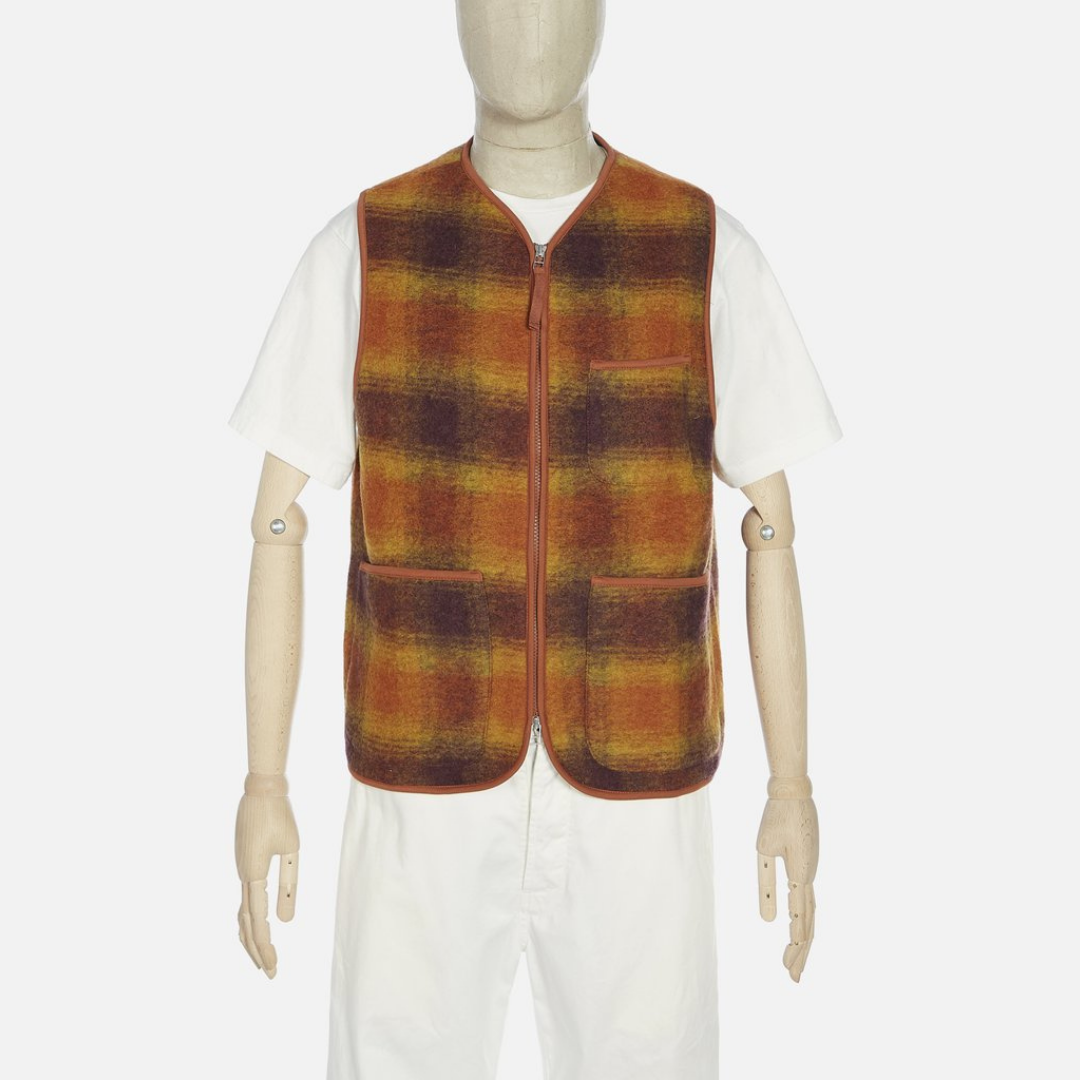 Buy the Universal Works Zip Gilet Gold Claret Jingo Clothing