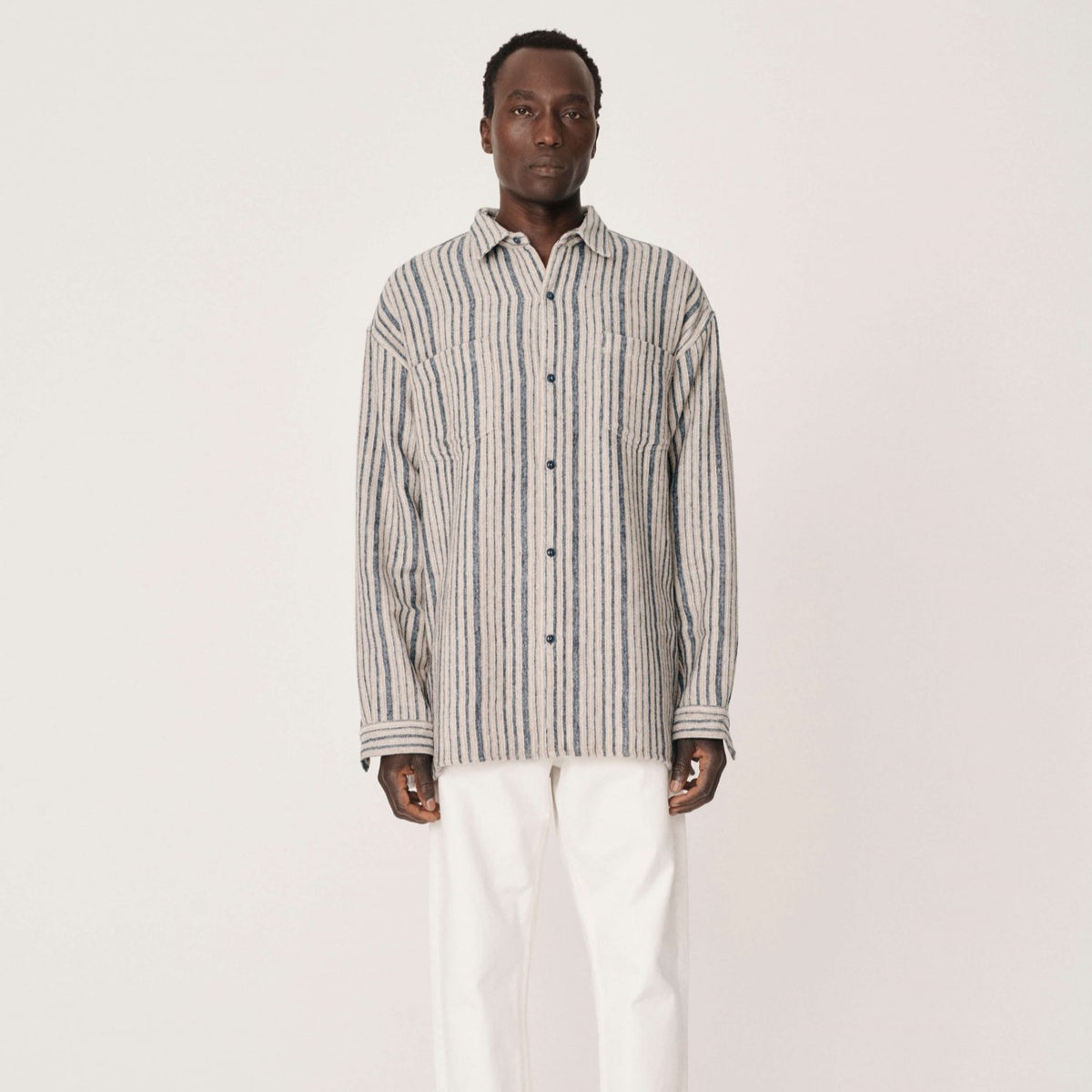 Ymc Andre Wool Stripe Shirt - Blue / Brown