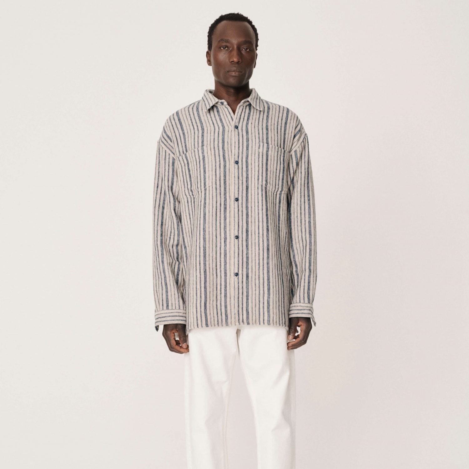 Ymc Andre Wool Stripe Shirt - Blue / Brown